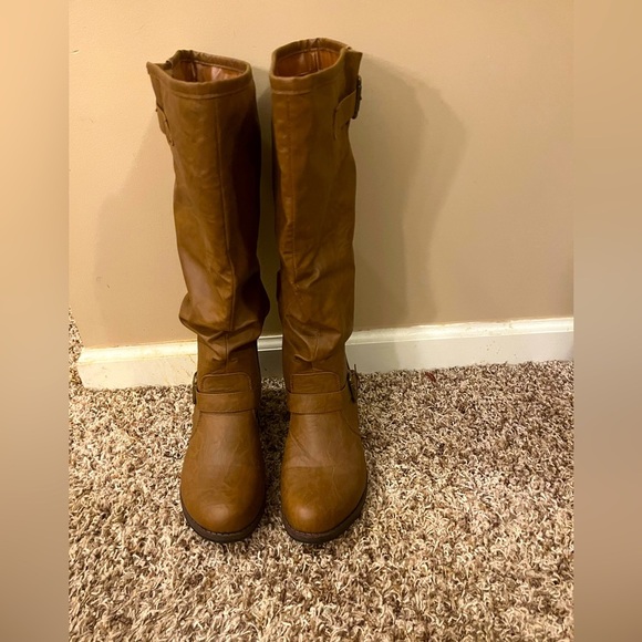 Journee Collection Shoes - Journee Collection Stormy Faux Leather Knee Hi Boots, Size 10 Wide Calf, Tan